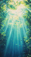 Obraz premium Ethereal Underwater Scene with Sunlight and Fish