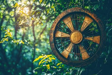 Rusty Circular Object Hanging in a Forest