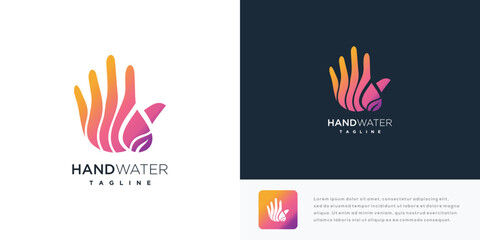 Water hand vector logo design illustration. Hand logo icon with nature water