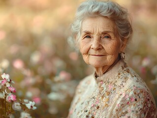Elderly Woman in Floral Setting with Warm Lighting