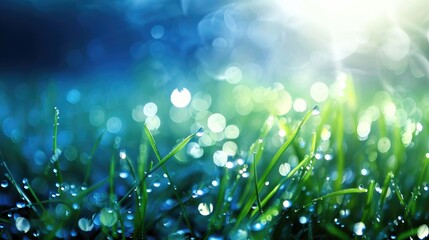 Grass. Fresh green spring grass with dew drops closeup. Sun. Soft Focus. Abstract Nature Background