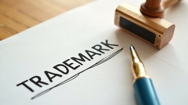Trademark application document with pen and rubber stamp