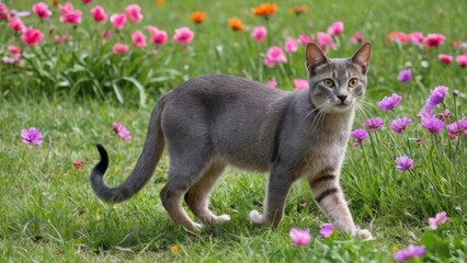 Blue abyssinian cat in flower field