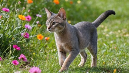 Blue abyssinian cat in flower field