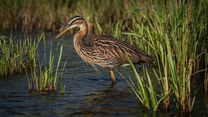 Sunset over a lake covered with reeds