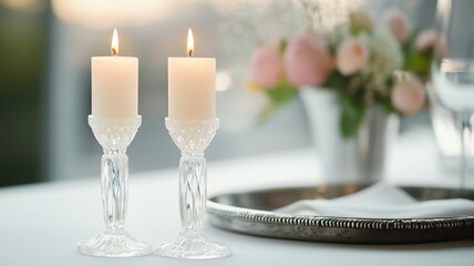 Elegant candles on a table, enhancing the romantic atmosphere with soft light and beautiful flowers.