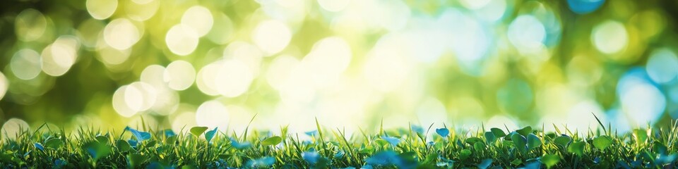 Obraz premium A field of grass with a bright blue sky in the background. The grass is lush and green, and the sky is clear and bright. Concept of peace and tranquility, as if one were walking through a beautiful