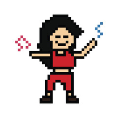 Obraz premium Cute cartoon pixel character cute woman exercises training dance lifestyle music decoration life style 8 bit female girl dance with music game fitness isolated PNG vector.