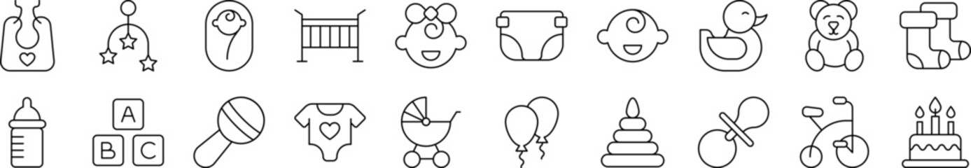 Childhood Outline Sign Collection. Editable Stroke. Perfect for Infographics, Articles, Books, Flyers, Banners
