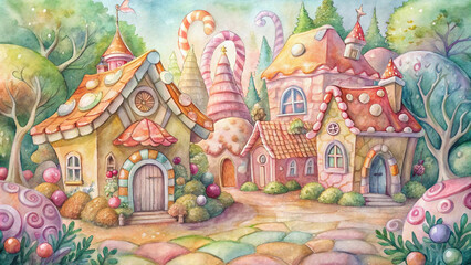 Obraz premium Gingerbread houses in watercolor,
