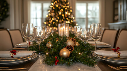 Elegant holiday dinner table setting with a Christmas tree and festive decorations at home