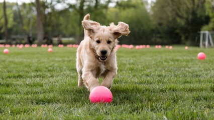 Golden retriever puppy joyfully chasing pink balls in lush green park