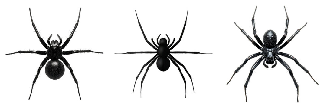 Top view black spider isolated on transparent PNG background perfect for Halloween-themed illustrations or horror visuals
