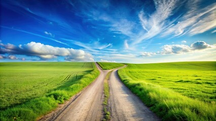 Obraz premium Two roads crossing in the distance with green grass and blue sky above , crossroads, intersection, roads, grass, fields
