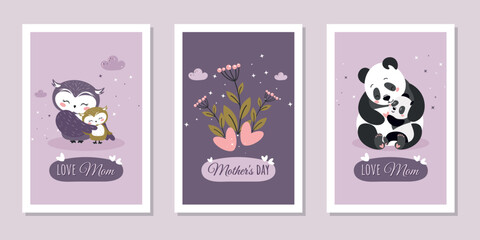 A set of delicate greeting cards for mom on her birthday and holiday. A cute owl and her baby are hand-drawn. Vector illustration.