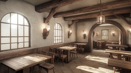 Obraz premium A bright, rustic dining room featuring wooden beams, tables, and warm lighting, creating a cozy atmosphere for gatherings.