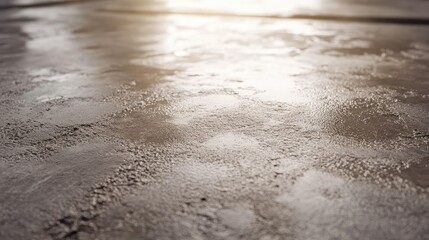 A detailed view of wet ready-mix concrete on a construction slab, showcasing the smooth surface ready for finishing