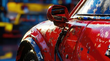 Fototapeta premium Vibrant Red Car with Paint Splatter and Shine