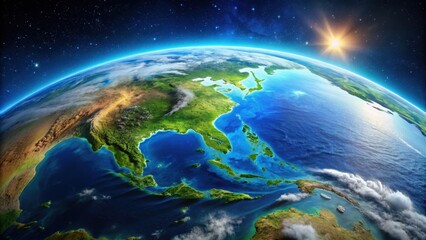 A stunning aerial view of Earth from space, showcasing its vibrant blue oceans and green continents, planet, globe, space