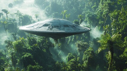 Obraz premium An alien spacecraft landing on Earth in a dense forest