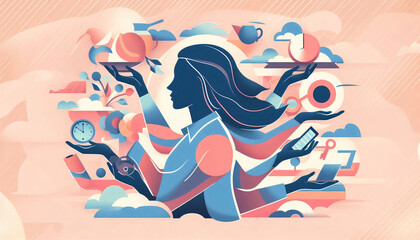 Illustration of a multitasking woman with multiple arms holding objects, representing efficiency and time management