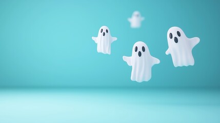 Ghosts flying around a haunted mansion, spooky atmosphere, 3D illustration copy space for text, focus cover all object, deep dept of field