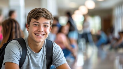 Fototapeta premium Portrait of handsome young university student standing and leaning to a wall in college corridor with other students at the back. Caucasian male student in high school campus.