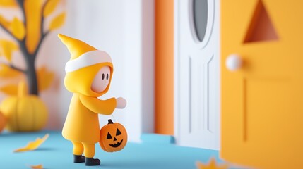 Halloween street scene, kids in costumes knocking on doors, 3D illustration copy space for text, focus cover all object, deep dept of field