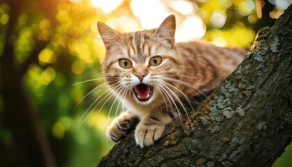Fototapeta premium A playful cat perched on a tree branch in a sunlit forest.
