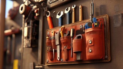 Assorted Tools Hanging on a Leather Holder