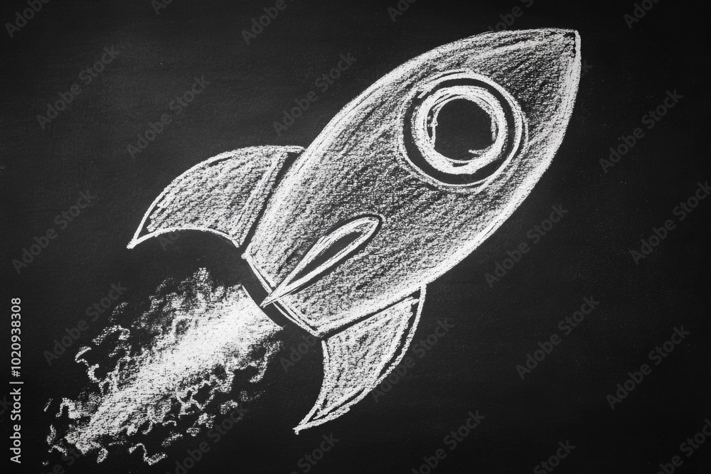 Poster a simple illustration of a spaceship in monochrome tones