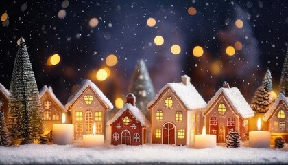 Fototapeta premium Charming gingerbread houses with snow and festive lights, winter wonderland scene.