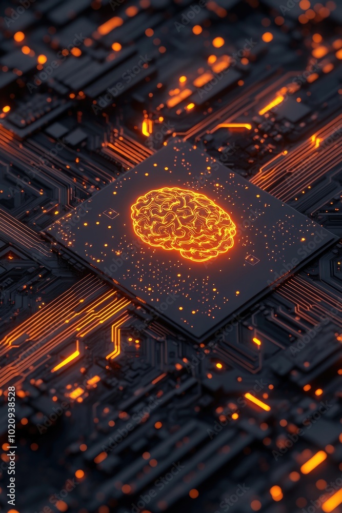 Poster a futuristic circuit board featuring a glowing brain component
