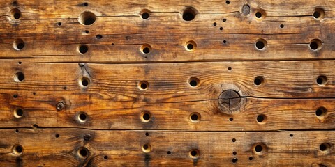 Rustic Weathered Wooden Plank with Numerous Holes and a Knotted Grain Pattern