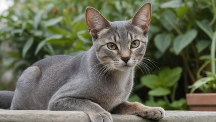 Blue abyssinian cat in the garden