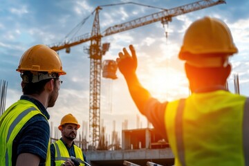 A workplace accident in a construction site with a worker falling from a height, and safety inspectors examining the scene, with ample blank space for commercial use