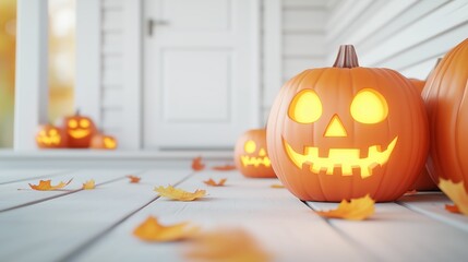 Obraz premium Jack-o'-lanterns glowing on a porch, autumn leaves scattered, 3D illustration copy space for text, focus cover all object, deep dept of field