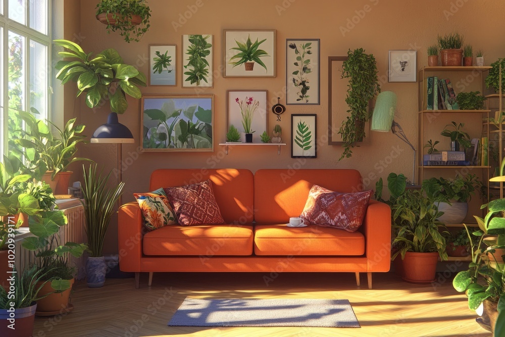 Canvas Prints A warm and inviting living space filled with many potted plants