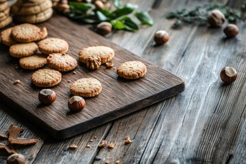 Obraz premium A wooden cutting board topped with fresh cookies and nuts, perfect for snacking or serving at parties