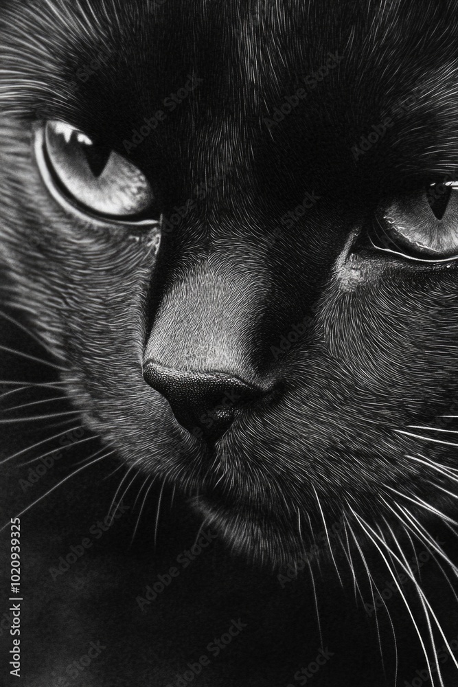 Poster a close-up view of a black cat's facial features, suitable for use in pet-related or nature-inspired