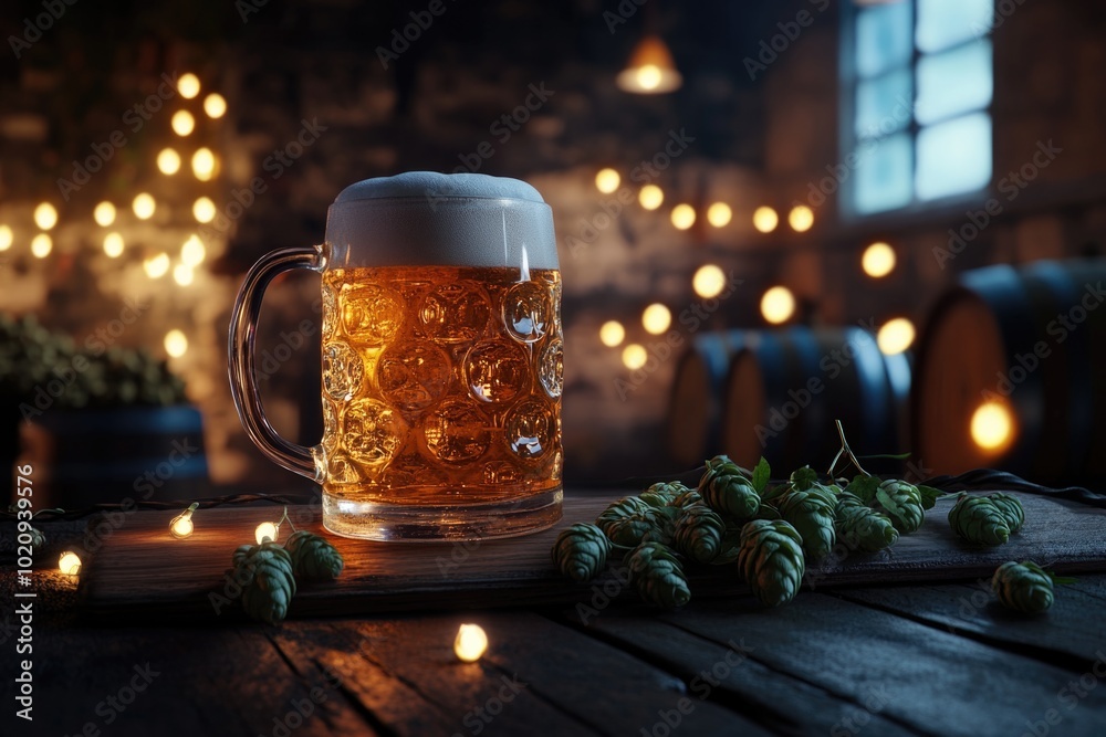 Poster A glass of beer sits alone on a wooden table, awaiting its next use