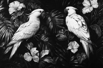 Two white parrots perched on top of a lush green plant, perfect for wildlife or nature-themed images