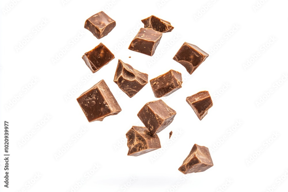 Wall mural Chocolate pieces falling from above, great for confectionery or sweet treats concept