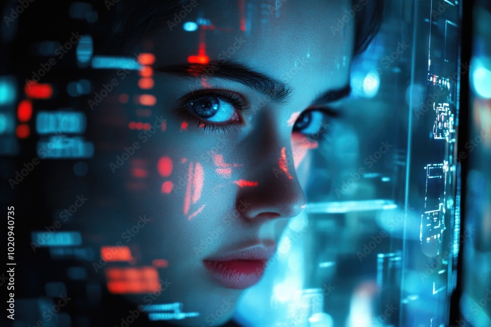 Poster Close-up of a woman looking at a computer screen with a thoughtful expression