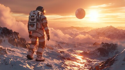 An astronaut stepping onto the surface of a newly discovered exoplanet