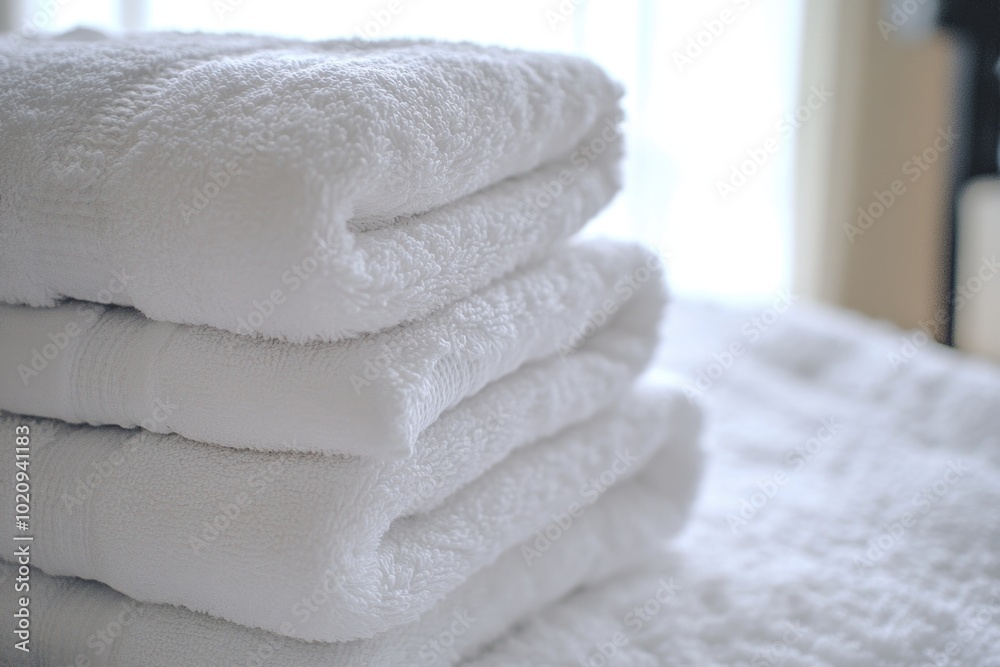 Poster a stack of white towels sitting on a bed, ready for use