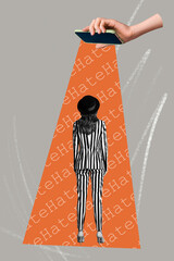 Vertical photo collage of anonym girl stand back phone ray telephone cyberbully concept hate...