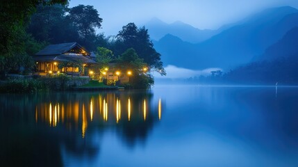 Obraz premium A tranquil lakeside view with soft outdoor lights reflecting off the water, enhancing the serene beauty of the landscape at night