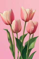 Obraz premium A bouquet of three pink tulips displayed in a vase against a pink background