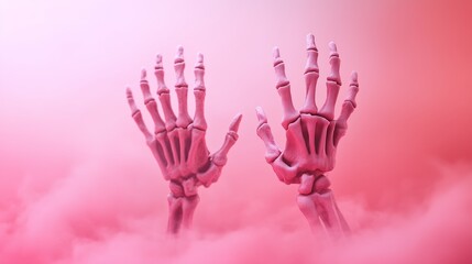Spooky skeleton hands reaching out of the ground, eerie fog, 3D illustration copy space for text, focus cover all object, deep dept of field